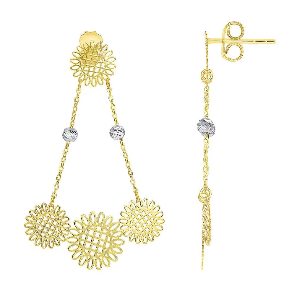 14k Gold Beaded Chain Boho-Chic Chandelier Drop Earrings with Friction Back - Yellow and White Gold