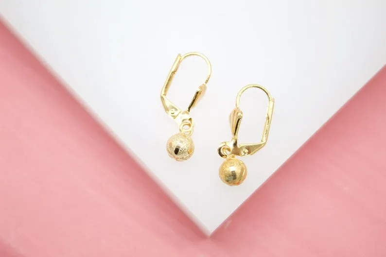 18K Gold Filled Textured Golden Ball French Lever Back Earrings