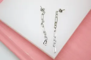 18K Rhodium Filled Long Dangle Drop Chain Link Earrings