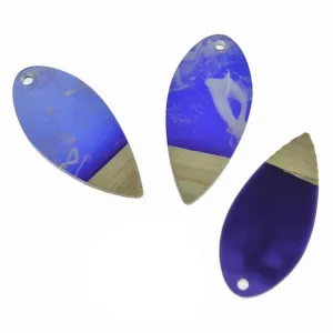 2 Teardrop Natural Wood and Resin Charms - 38mm - Black or Blue