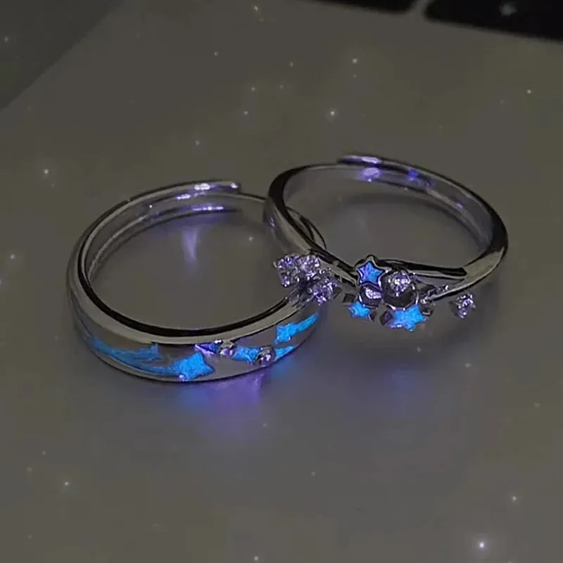 2Pcs Fashion Blue Luminous Star Couple Ring Glow In Dark Fluorescent Zircon Ring Women Men Adjustable Finger Rings Jewelry Gifts