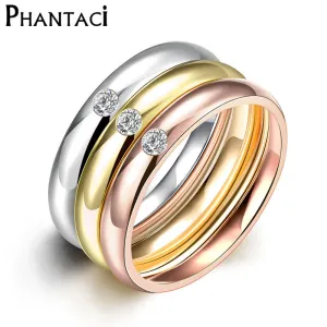 3 PCS/Set Zircon 316L Stainless Steel Wedding Rings For Women Gold Color Crystal Titanium Engagement Finger Rings Female 2016