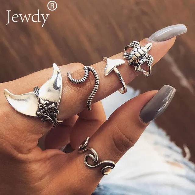 40 Styles Women Bohemian Vintage Crown Wave Flower Heart Lotus Star Leaf Crystal Opal Joint Ring