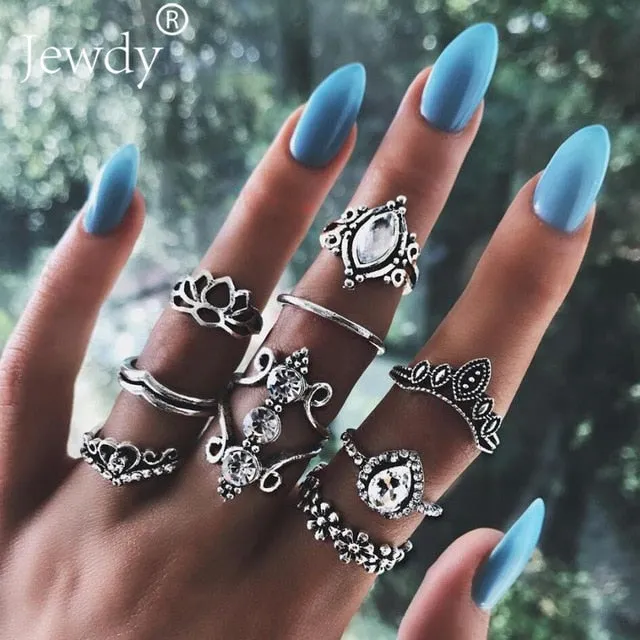 40 Styles Women Bohemian Vintage Crown Wave Flower Heart Lotus Star Leaf Crystal Opal Joint Ring