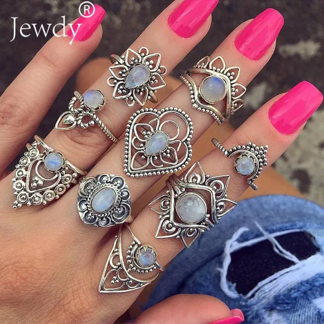 40 Styles Women Bohemian Vintage Crown Wave Flower Heart Lotus Star Leaf Crystal Opal Joint Ring