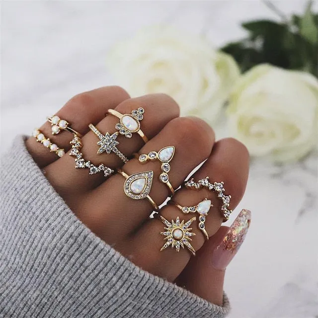 40 Styles Women Bohemian Vintage Crown Wave Flower Heart Lotus Star Leaf Crystal Opal Joint Ring