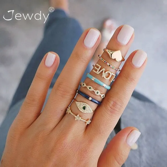 40 Styles Women Bohemian Vintage Crown Wave Flower Heart Lotus Star Leaf Crystal Opal Joint Ring