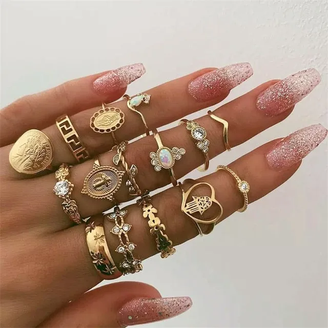 40 Styles Women Bohemian Vintage Crown Wave Flower Heart Lotus Star Leaf Crystal Opal Joint Ring