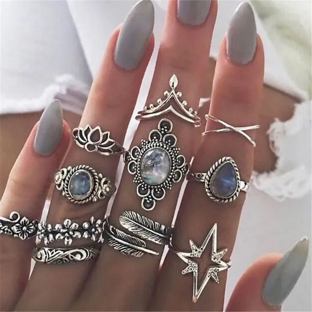 40 Styles Women Bohemian Vintage Crown Wave Flower Heart Lotus Star Leaf Crystal Opal Joint Ring