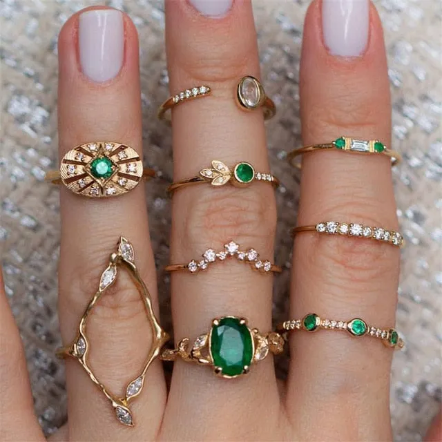 40 Styles Women Bohemian Vintage Crown Wave Flower Heart Lotus Star Leaf Crystal Opal Joint Ring