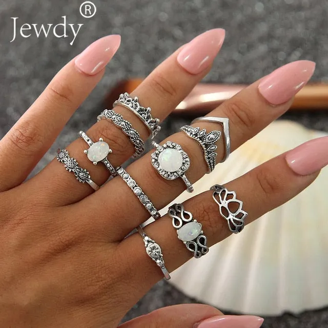 40 Styles Women Bohemian Vintage Crown Wave Flower Heart Lotus Star Leaf Crystal Opal Joint Ring