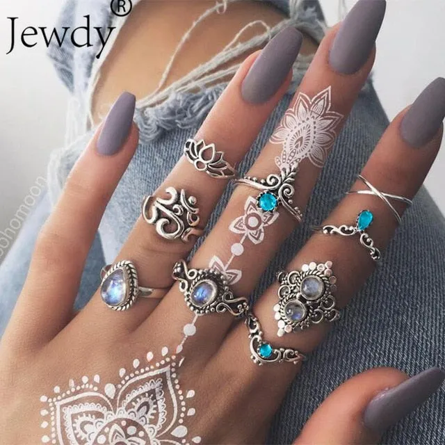 40 Styles Women Bohemian Vintage Crown Wave Flower Heart Lotus Star Leaf Crystal Opal Joint Ring