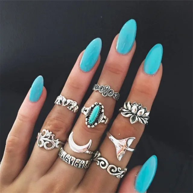 40 Styles Women Bohemian Vintage Crown Wave Flower Heart Lotus Star Leaf Crystal Opal Joint Ring