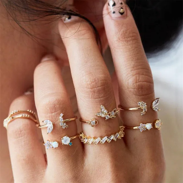 40 Styles Women Bohemian Vintage Crown Wave Flower Heart Lotus Star Leaf Crystal Opal Joint Ring