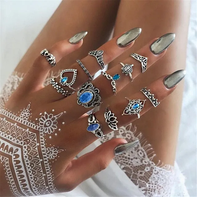 40 Styles Women Bohemian Vintage Crown Wave Flower Heart Lotus Star Leaf Crystal Opal Joint Ring