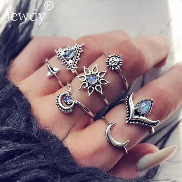 40 Styles Women Bohemian Vintage Crown Wave Flower Heart Lotus Star Leaf Crystal Opal Joint Ring