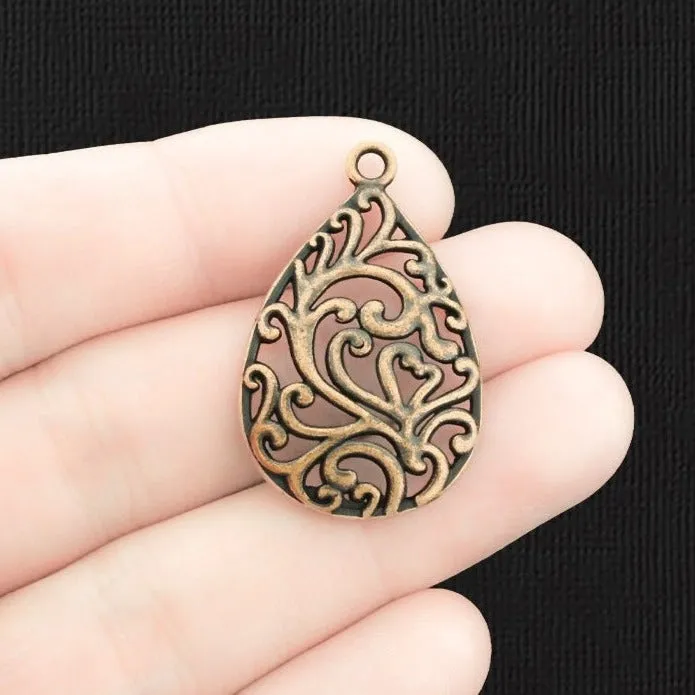 6 Filigree Drop Antique Copper Tone Charms - BC131