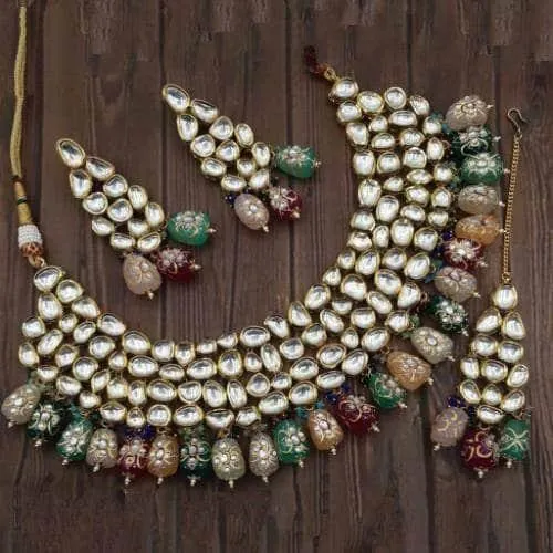 Abstract Kundan Choker Necklace Set With Precious Beads