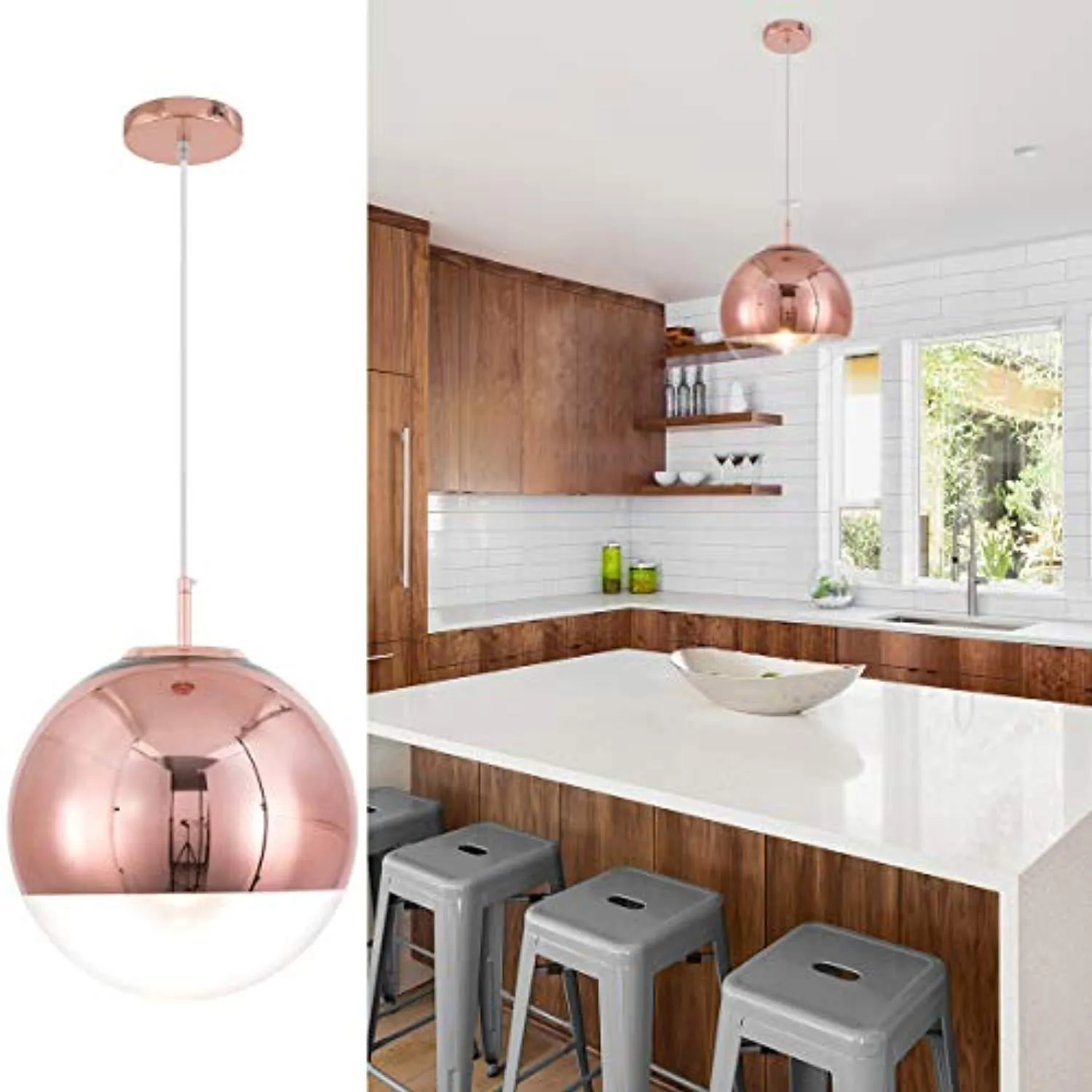 Adjustable Mirror Ball Pendant Light Rose Gold, 12 inches