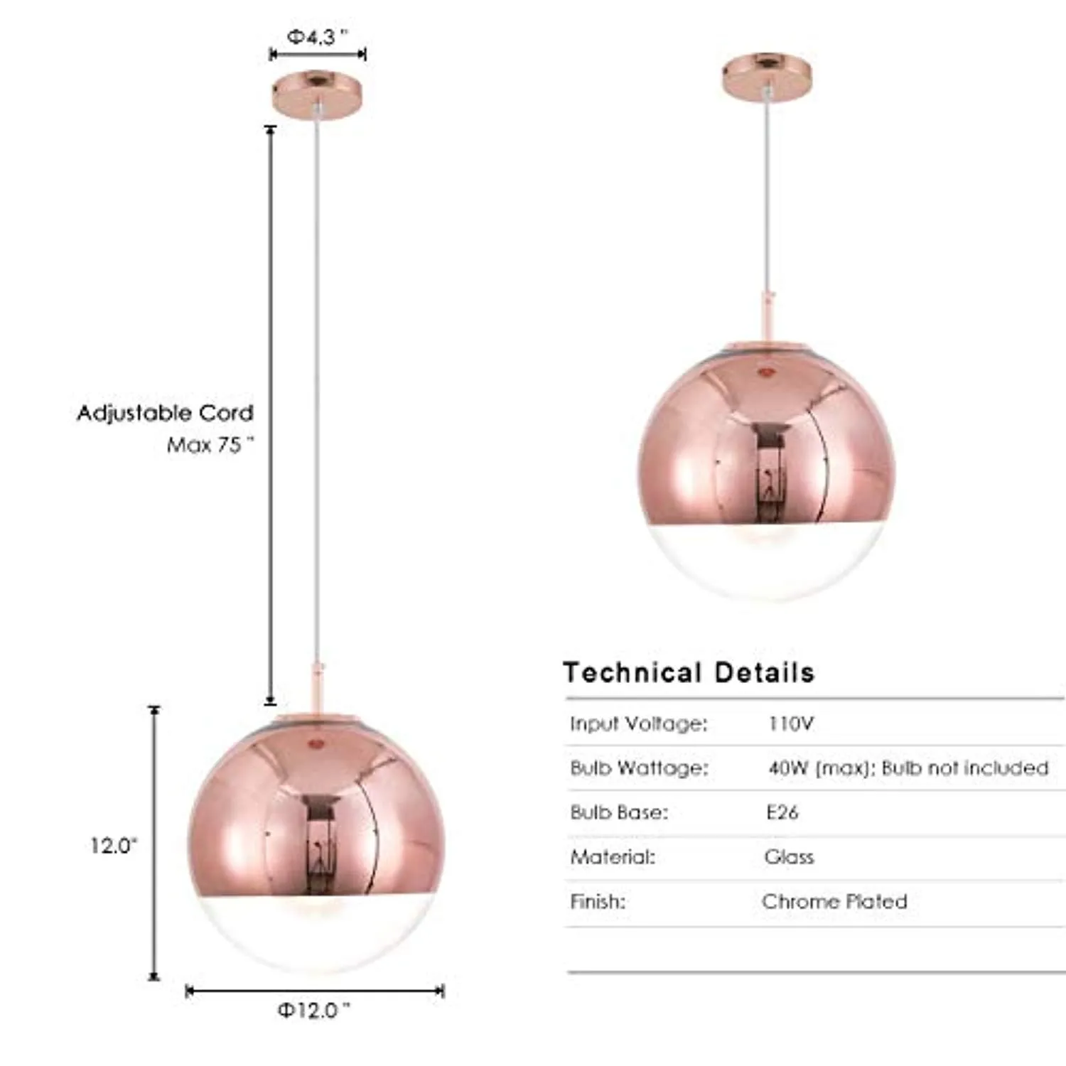 Adjustable Mirror Ball Pendant Light Rose Gold, 12 inches