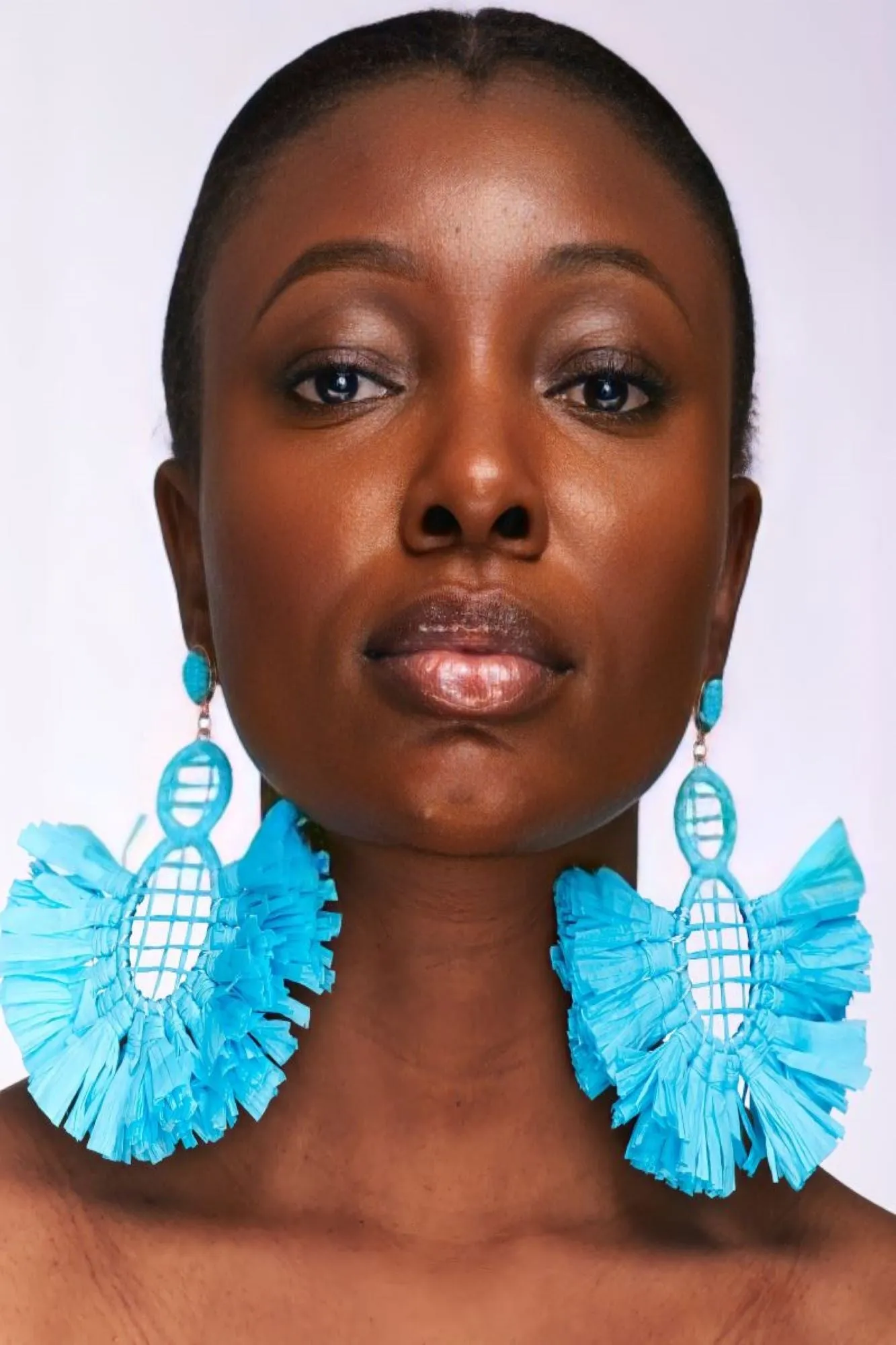 African Raffia Drop Blue Earrings