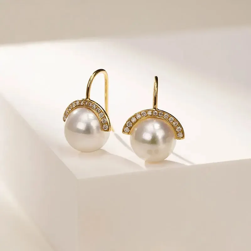 Akoya Pearl 18K Gold Nature Inspired Elegant Design Diamonds Earrings