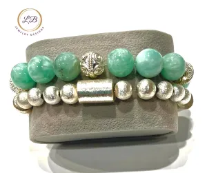 Amazonite Gemstone Silver Bali Beaded Bracelet Stack