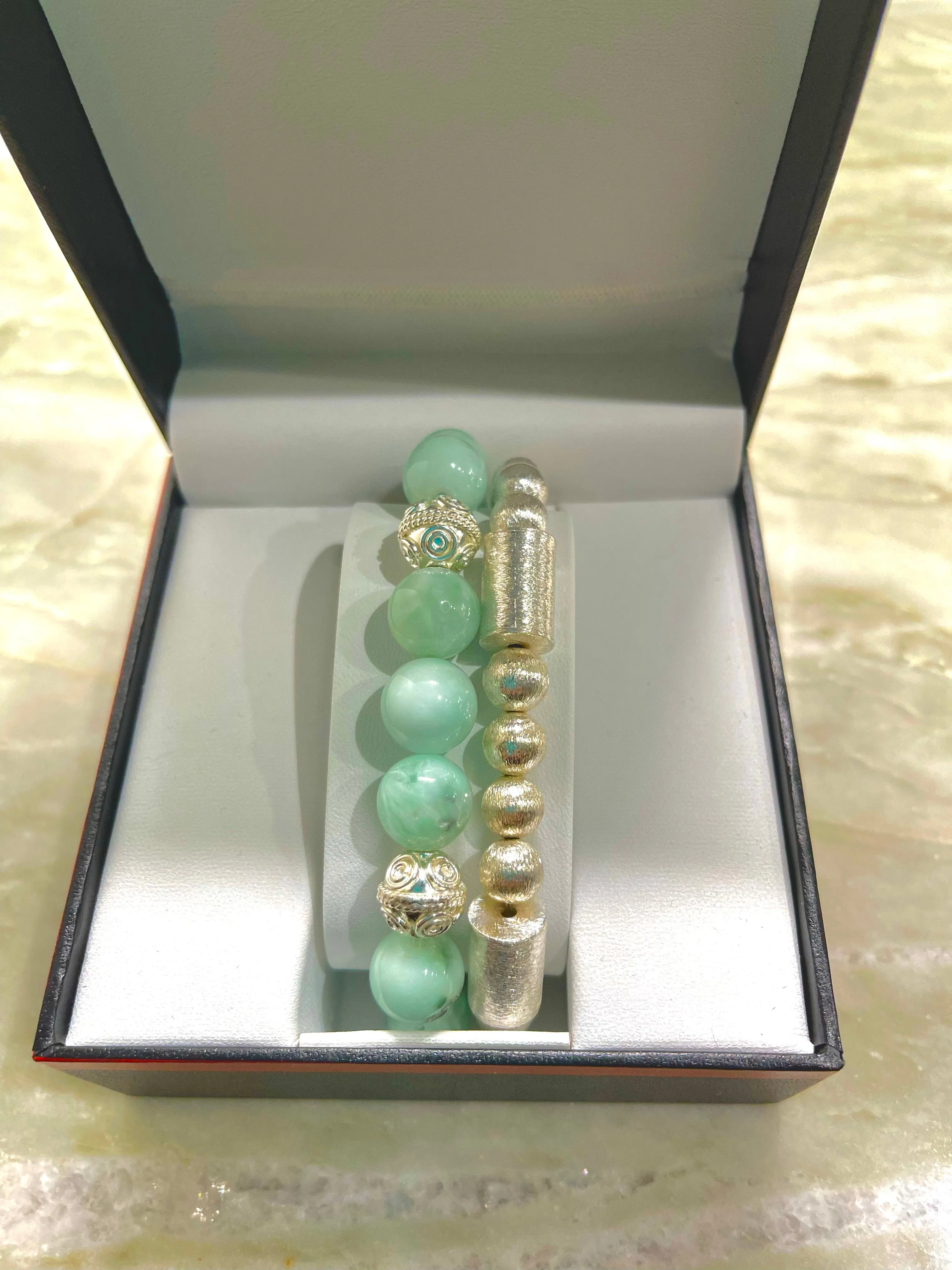 Amazonite Gemstone Silver Bali Beaded Bracelet Stack