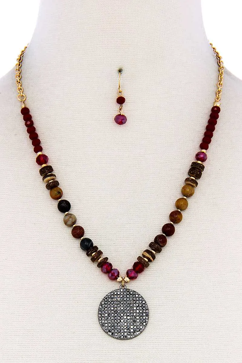 Beaded And Circle Pendant Necklace And Earring Set