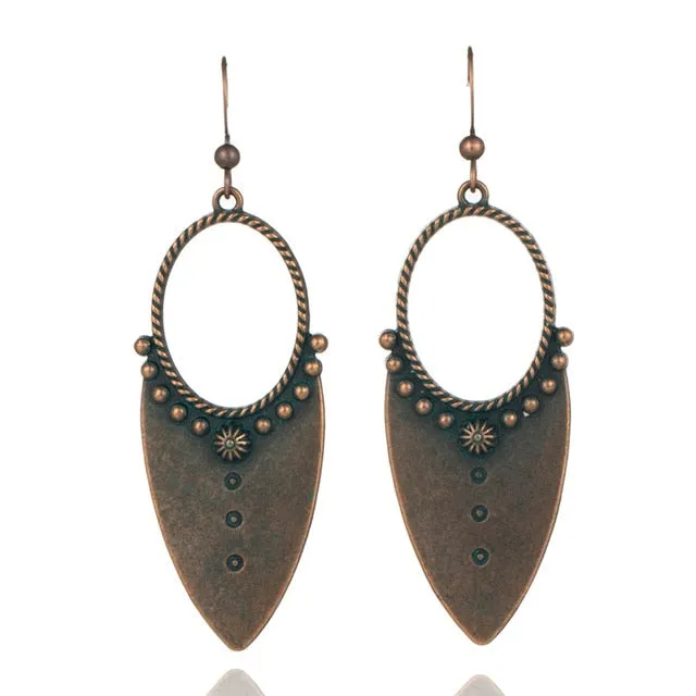 Beautiful Bohemian Tribal Drop Earrings. Available in Antique Gold, Bronzed, and Patina