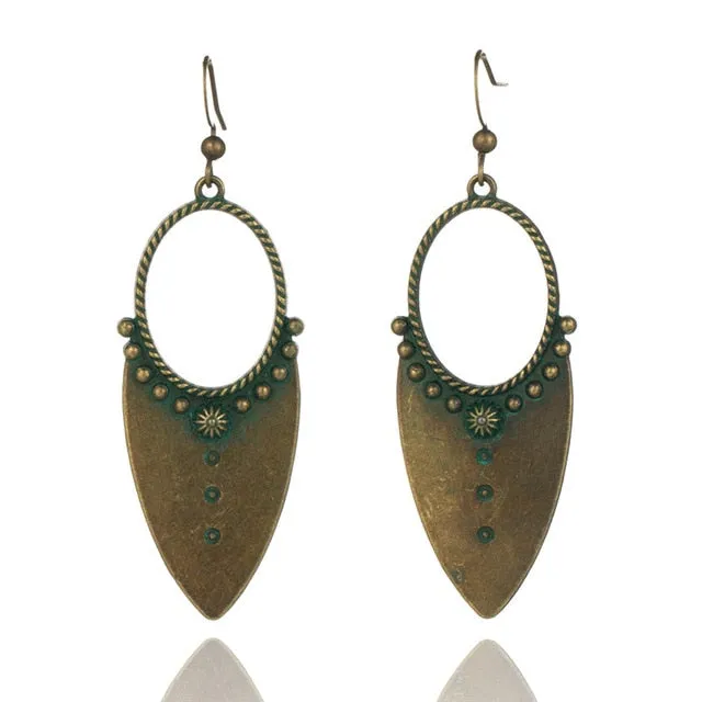 Beautiful Bohemian Tribal Drop Earrings. Available in Antique Gold, Bronzed, and Patina