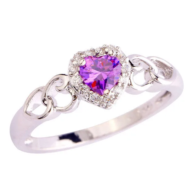 Beauty Women Purple Jewelry Rings Engagement Heart Cut Amethyst & White Sapphire Silver Ring