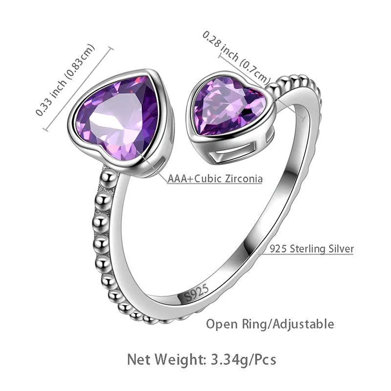 Birthstone February Amethyst Love Hearts Ring Jewelry Women Girls Birthday Gift