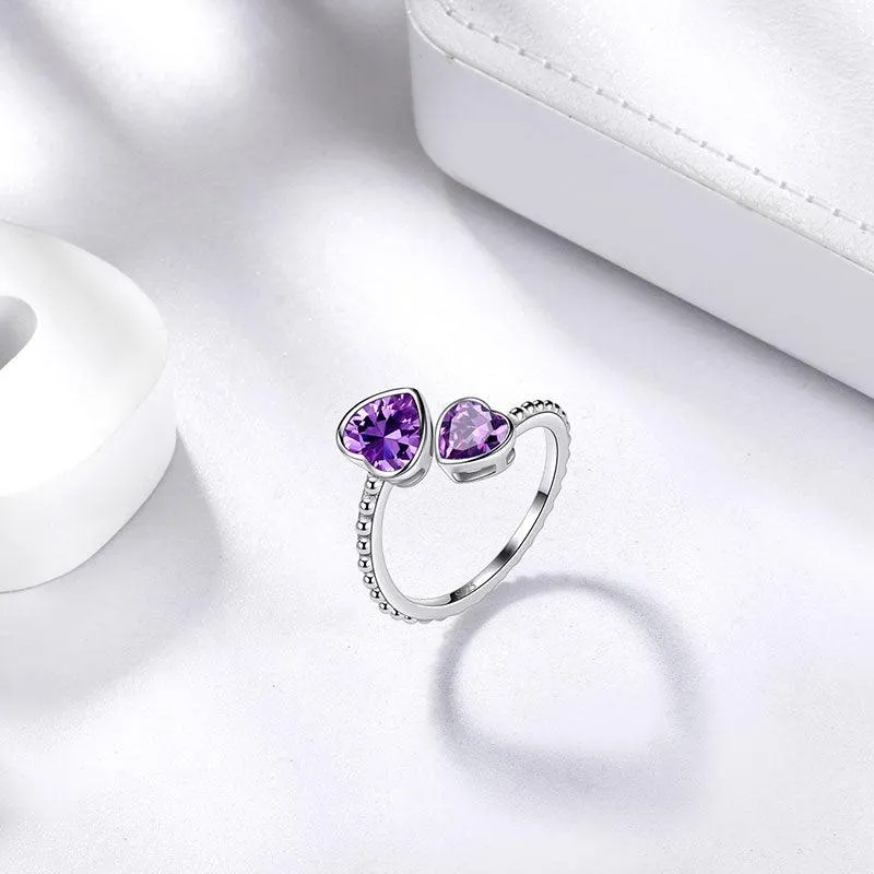 Birthstone February Amethyst Love Hearts Ring Jewelry Women Girls Birthday Gift