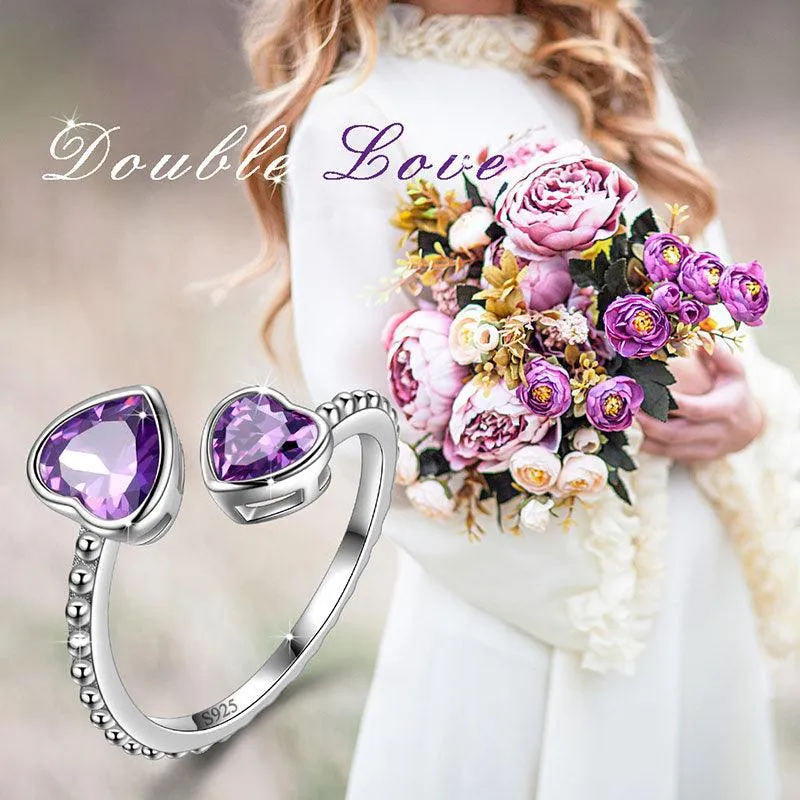 Birthstone February Amethyst Love Hearts Ring Jewelry Women Girls Birthday Gift