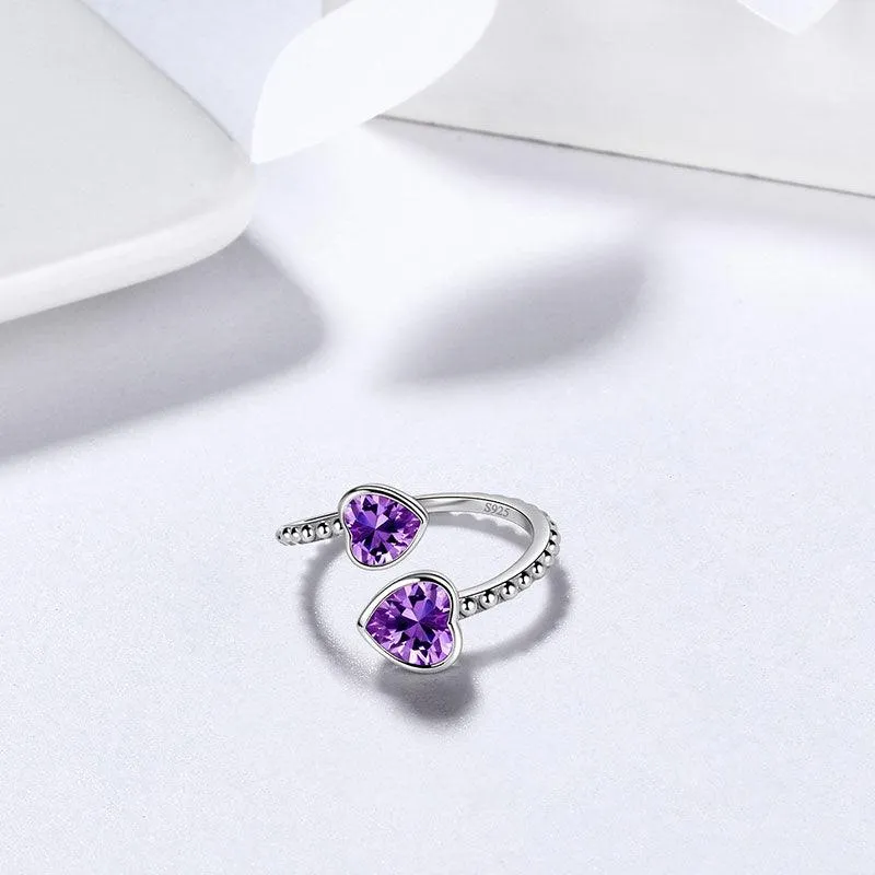 Birthstone February Amethyst Love Hearts Ring Jewelry Women Girls Birthday Gift