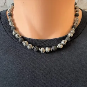 Black and White Agate and Black Lava Mens Beaded Necklace