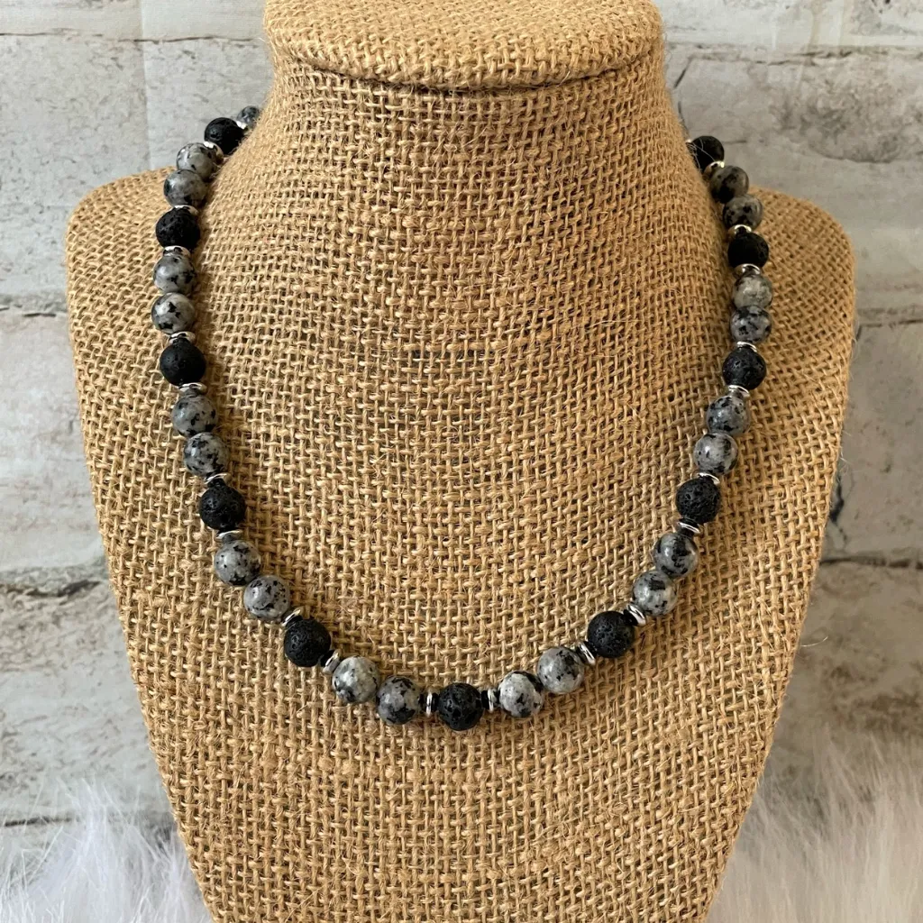 Black and White Agate and Black Lava Mens Beaded Necklace