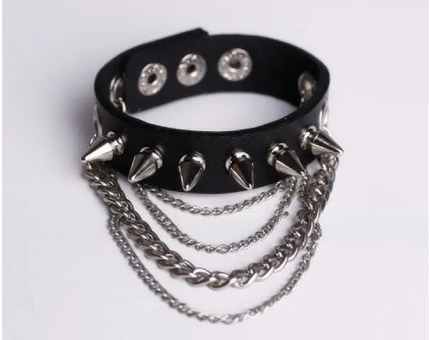 Black Leather Bracelet w/ Hanging Chains and 1 Row of Silver Spikes