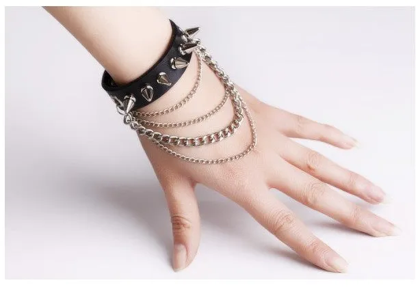 Black Leather Bracelet w/ Hanging Chains and 1 Row of Silver Spikes