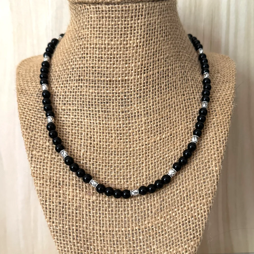 Black Onyx 6mm and Small Silver Barrel Mens Beaded Necklace