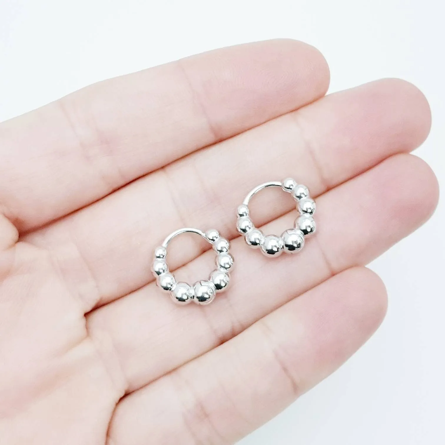 Boho hoop earrings, silver beaded huggie earrings, minimal ball hoops