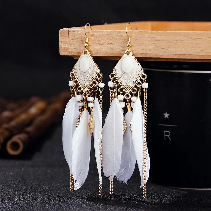 Boho Long Feather Dangle Earrings