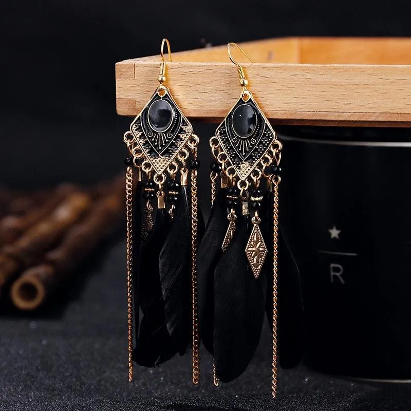 Boho Long Feather Dangle Earrings