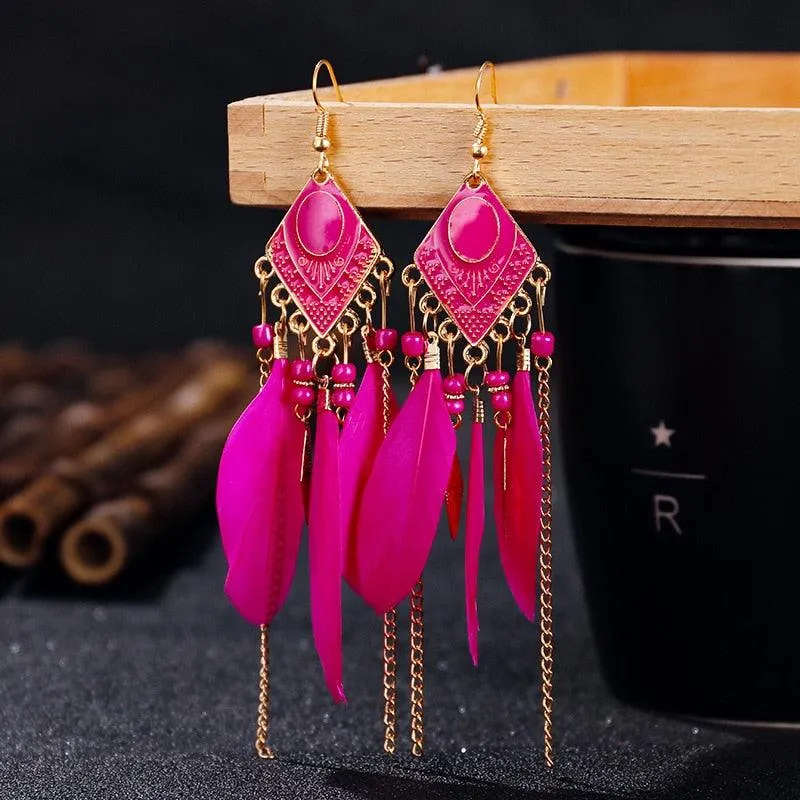 Boho Long Feather Dangle Earrings