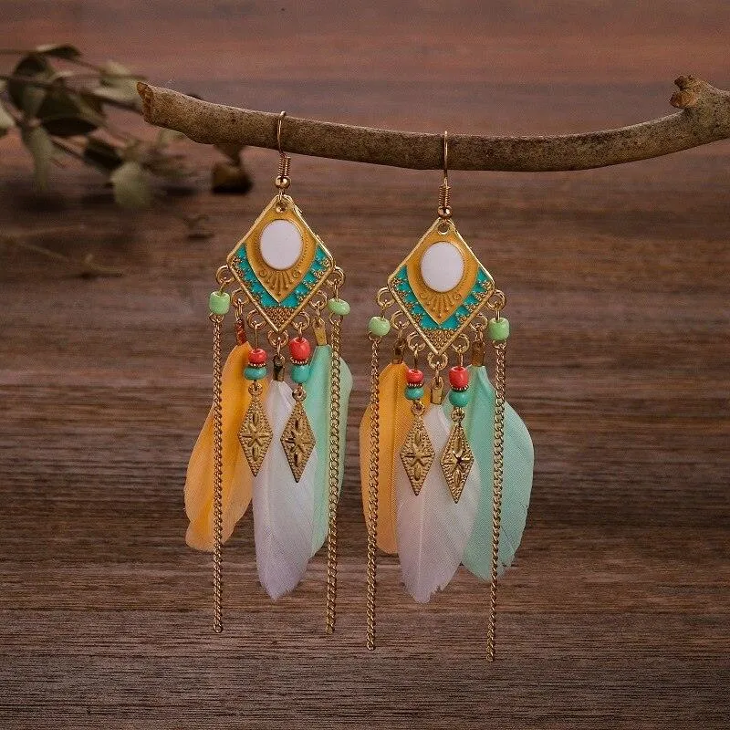 Boho Long Feather Dangle Earrings