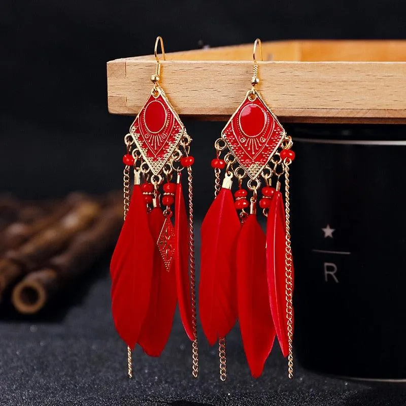 Boho Long Feather Dangle Earrings