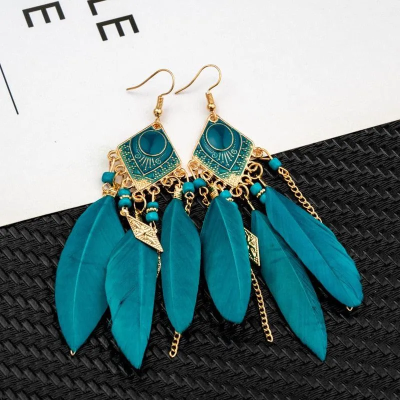 Boho Long Feather Dangle Earrings