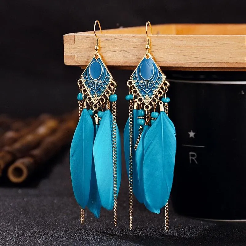 Boho Long Feather Dangle Earrings