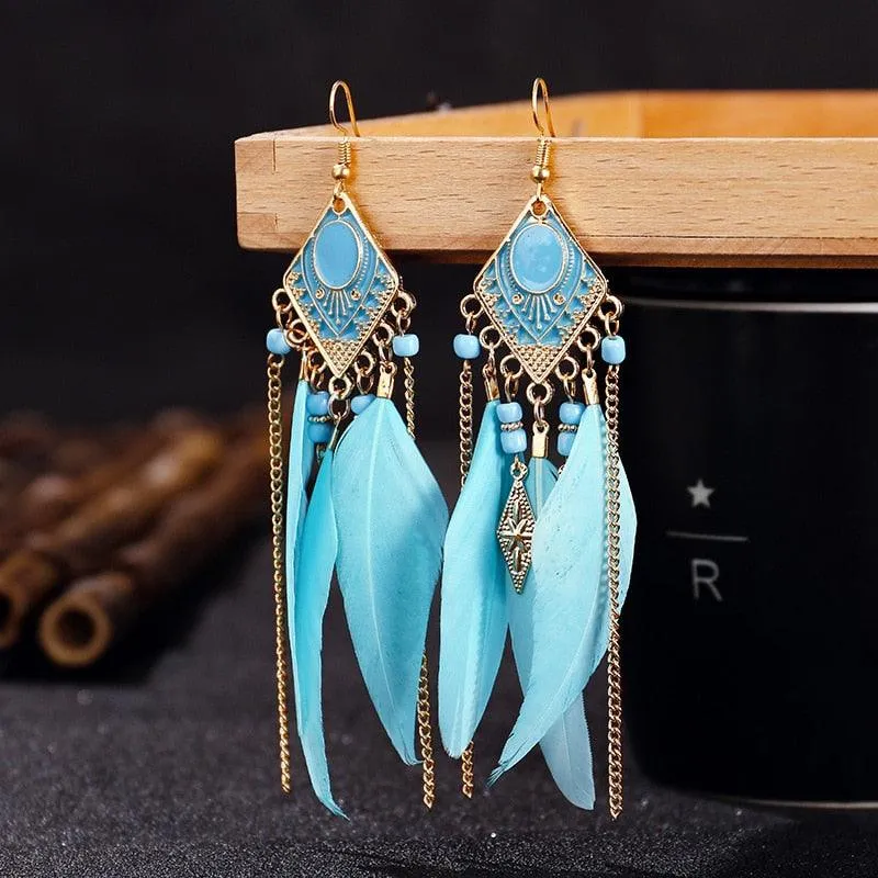 Boho Long Feather Dangle Earrings